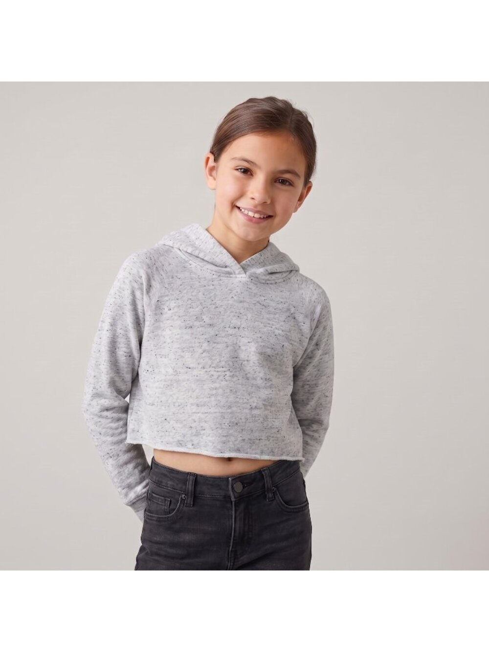 Justice Girl's Heathered Gray Loose Fit Raw Hem Cropped Hoodie Top in size 8-10